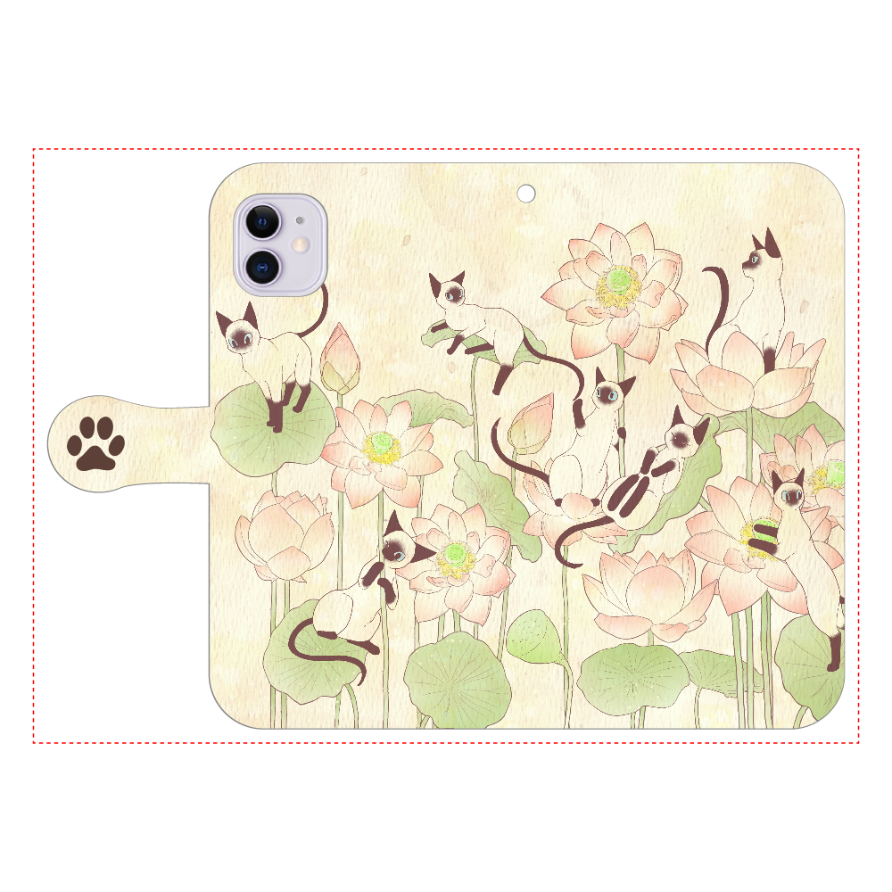 蓮とシャム猫 iPhone11 手帳型スマホケース
