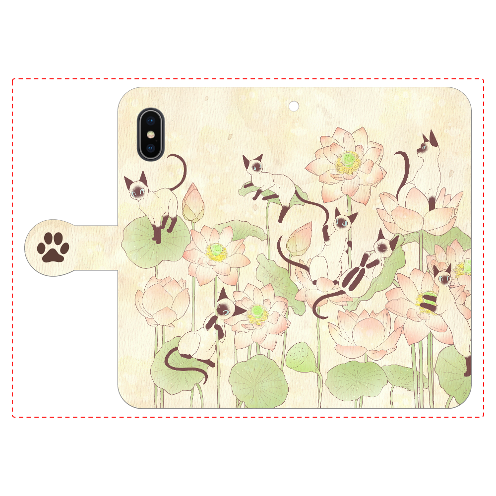 蓮とシャム猫 iPhoneX/Xs 手帳型スマホケース