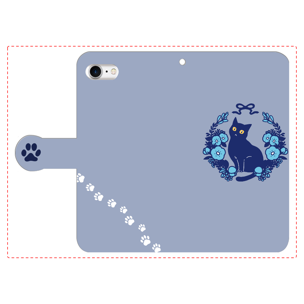 青いお花と黒猫 iPhoneSE2/SE3 手帳型スマホケース　