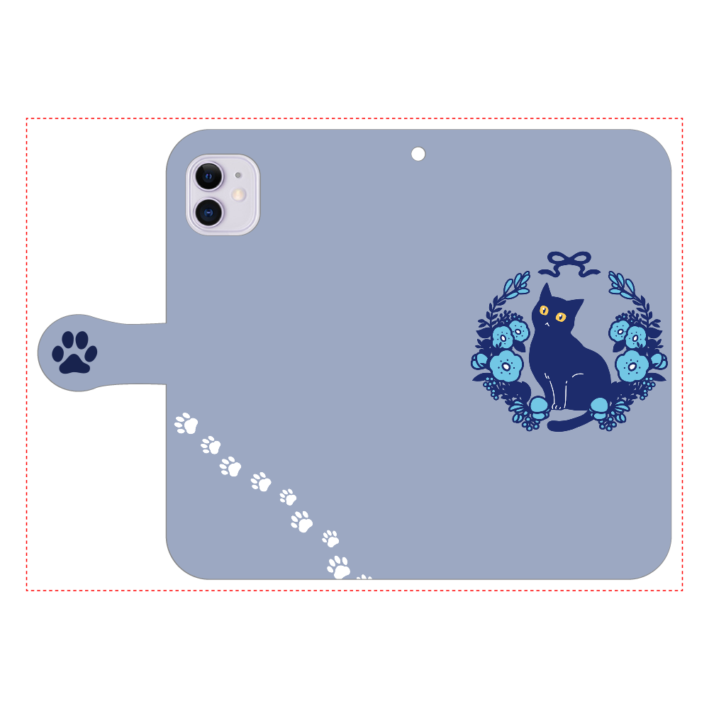 青いお花と黒猫 iPhone11 手帳型スマホケース