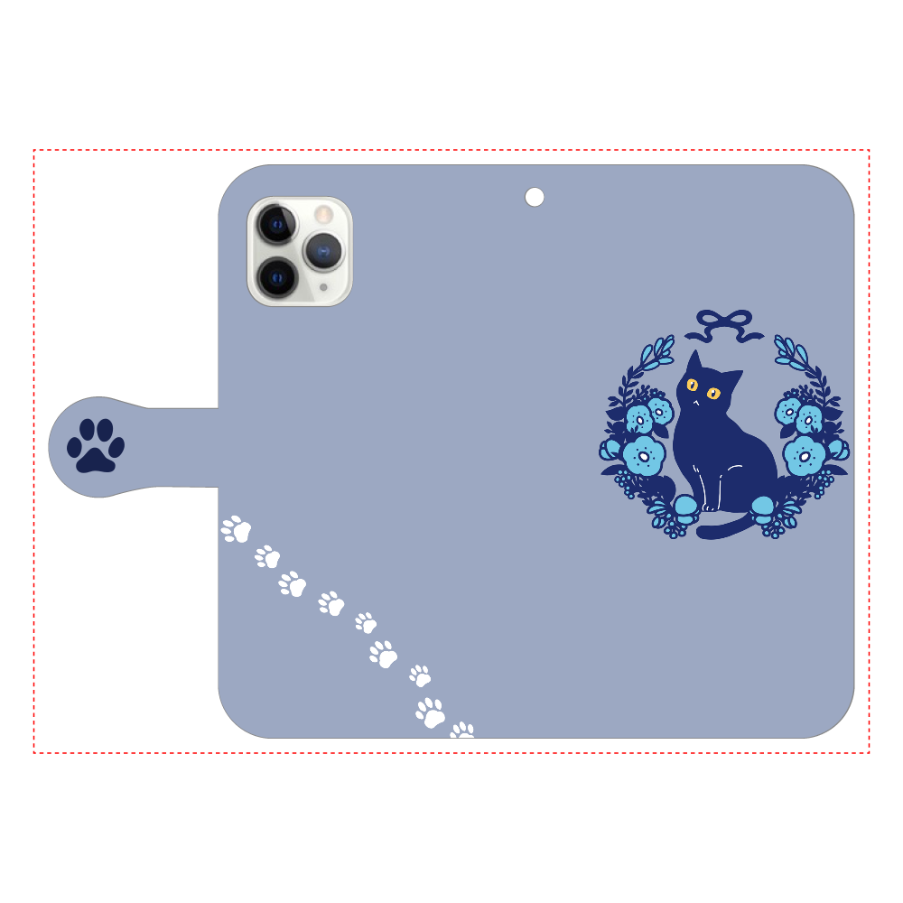 青いお花と黒猫 iPhone11 Pro 手帳型スマホケース