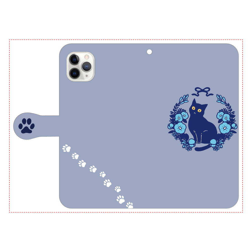 青いお花と黒猫 iPhone11 Pro MAX 手帳型スマホケース