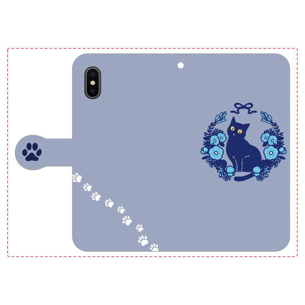 青いお花と黒猫 iPhoneX/Xs 手帳型スマホケース