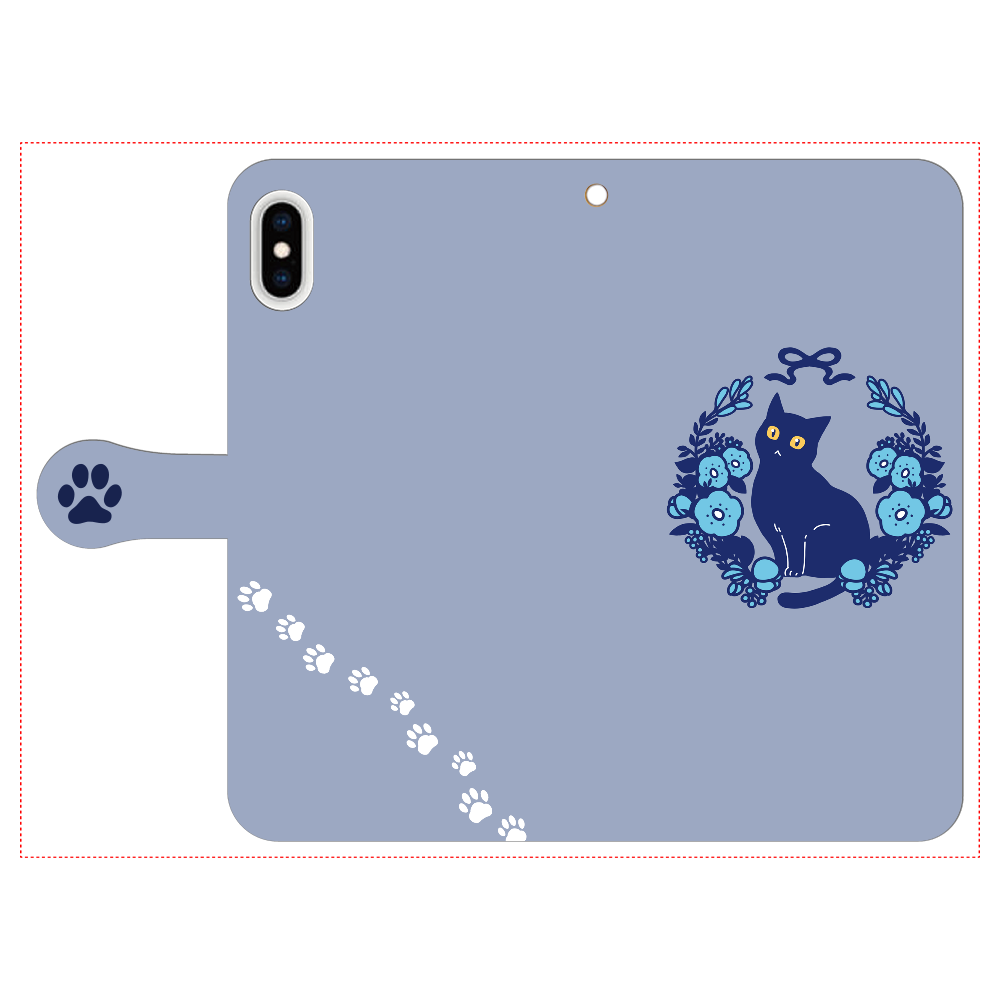 青いお花と黒猫 iPhone Xs MAX 手帳型スマホケース