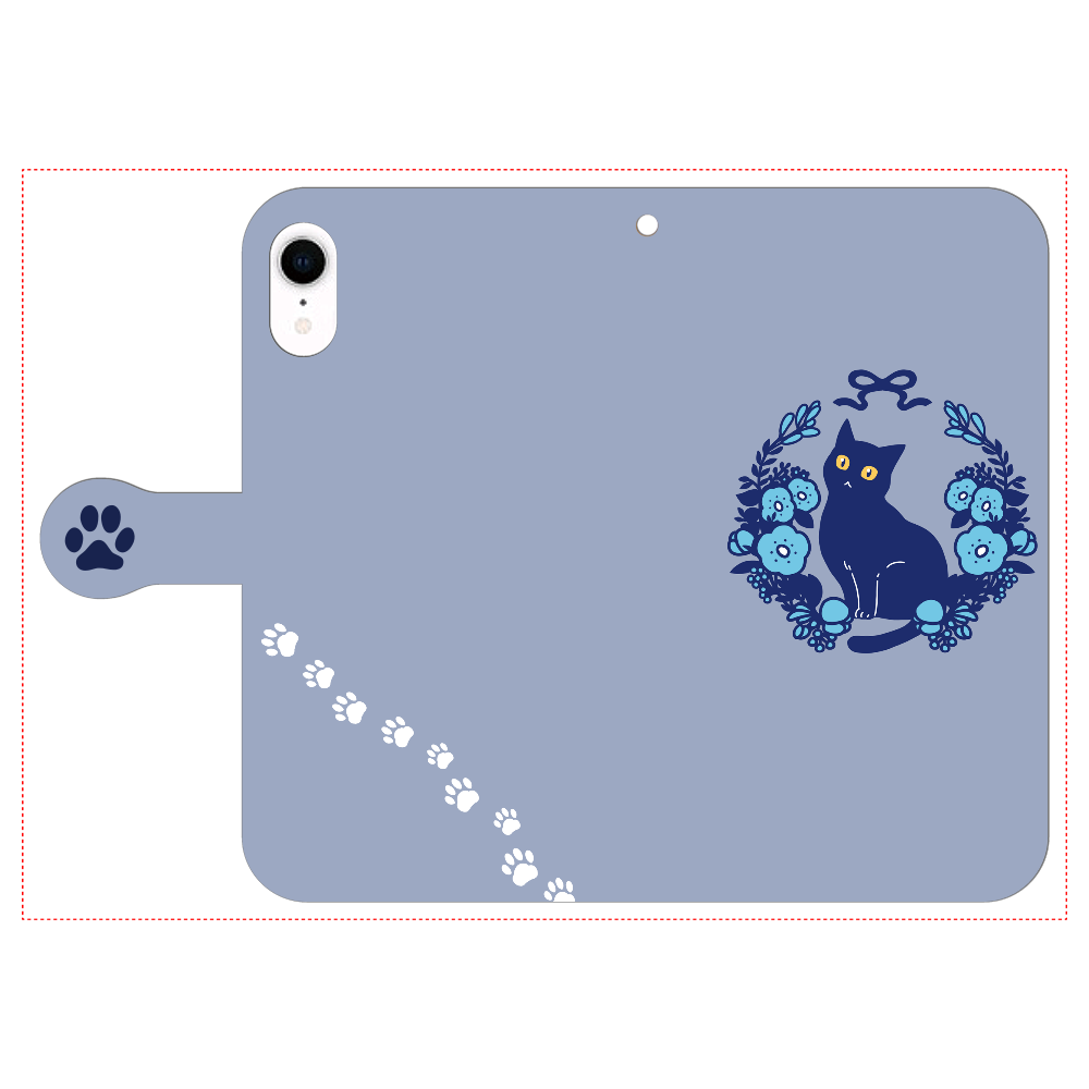 青いお花と黒猫 iPhone XR 手帳型スマホケース