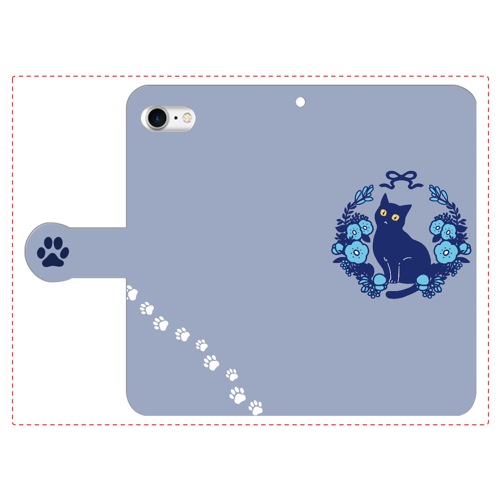 青いお花と黒猫 iPhone8 手帳型スマホケース
