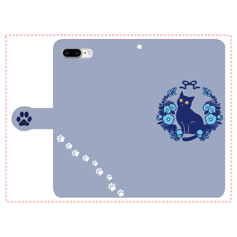 青いお花と黒猫 iPhone8Plus 手帳型スマホケース