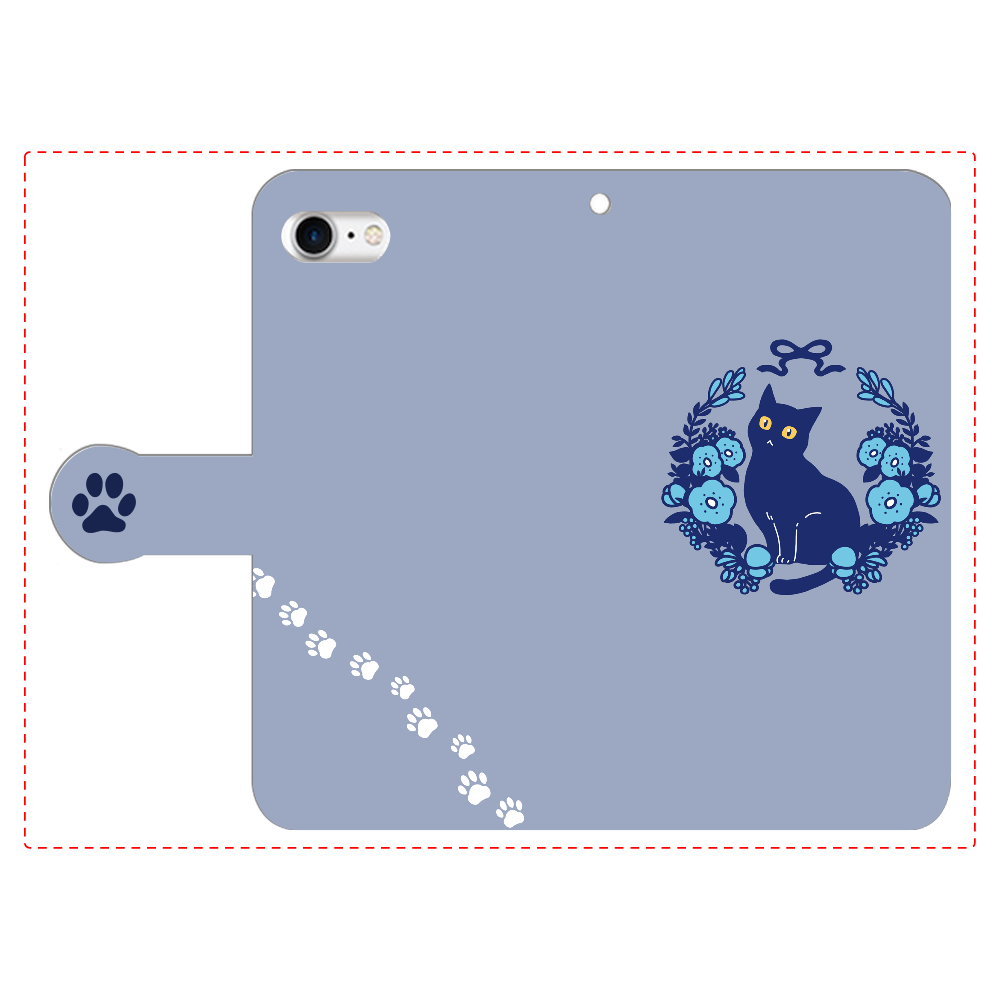 青いお花と黒猫 iPhone7 手帳型スマホケース