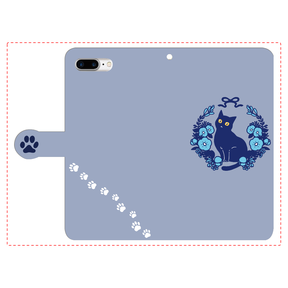 青いお花と黒猫 iPhone7plus 手帳型スマホケース