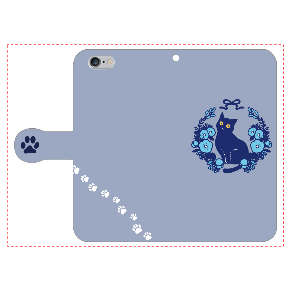 青いお花と黒猫 iPhone6/6s 手帳型スマホケース