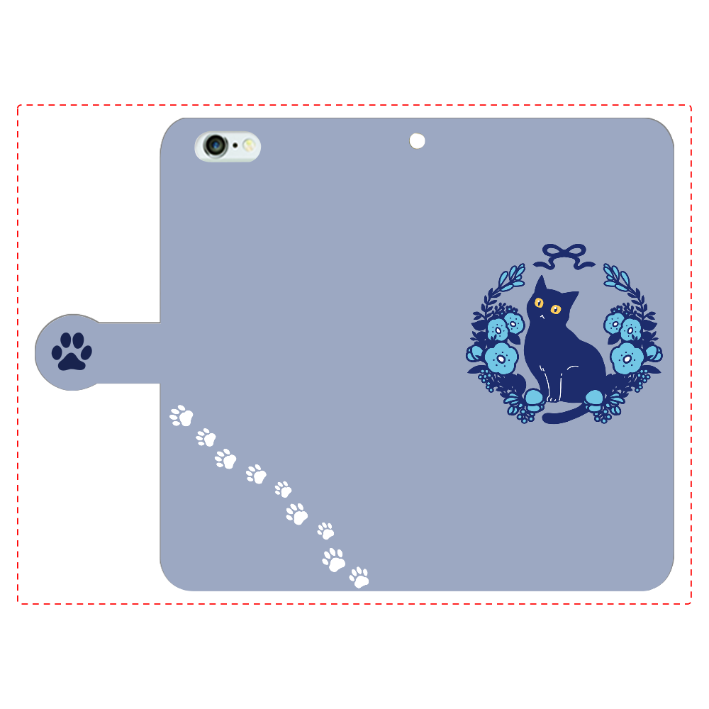 青いお花と黒猫 iPhone6Plus/6sPlus 手帳型スマホケース