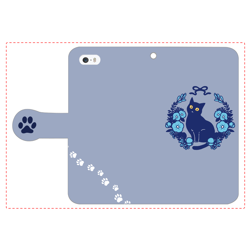 青いお花と黒猫 iPhone5/5s 手帳型スマホケース