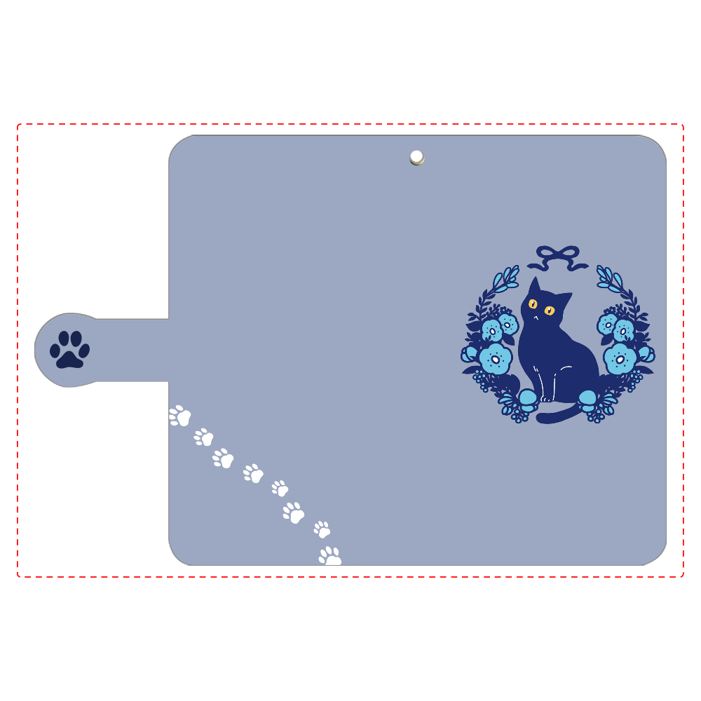 青いお花と黒猫 手帳型ベルト付きアンドロイドM