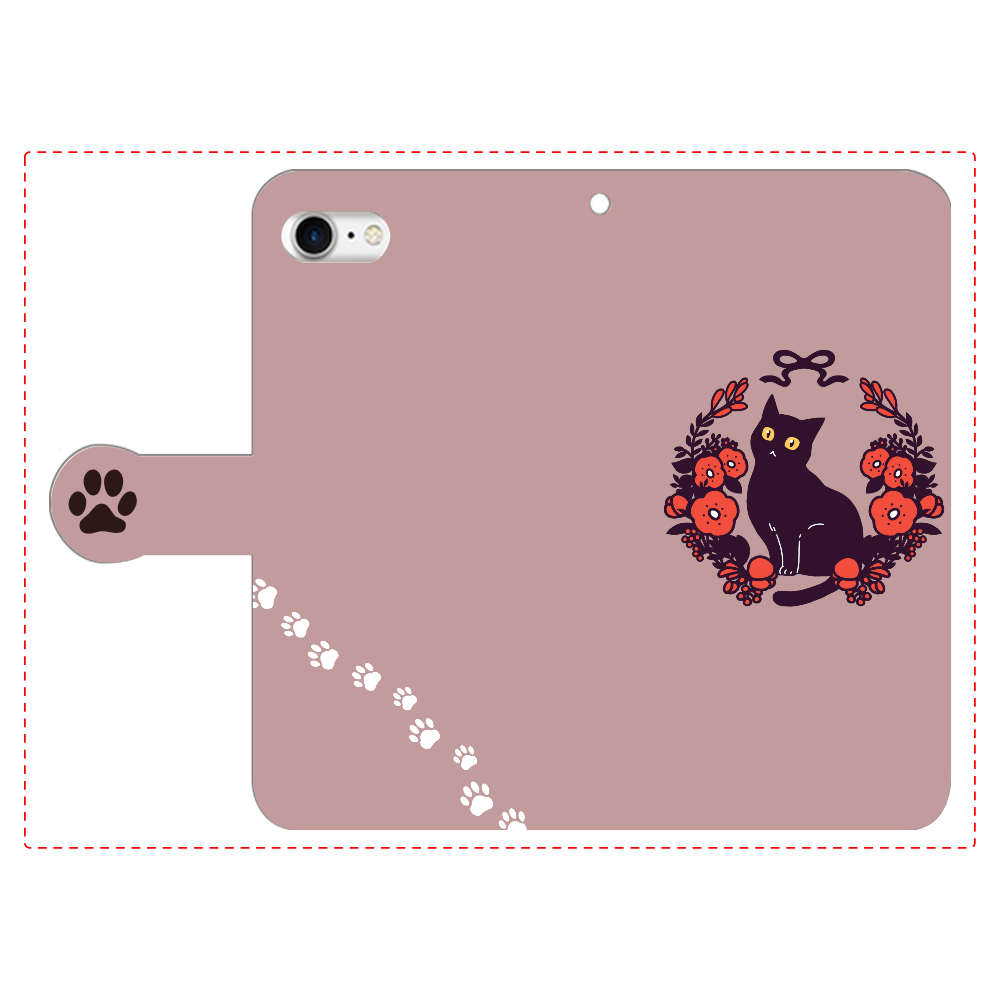 赤いお花と黒猫 iPhoneSE2/SE3 手帳型スマホケース　