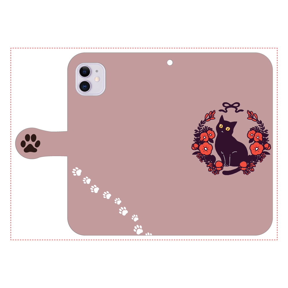 赤いお花と黒猫 iPhone11 手帳型スマホケース