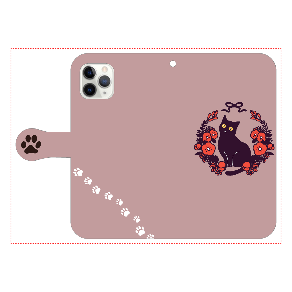 赤いお花と黒猫 iPhone11 Pro 手帳型スマホケース