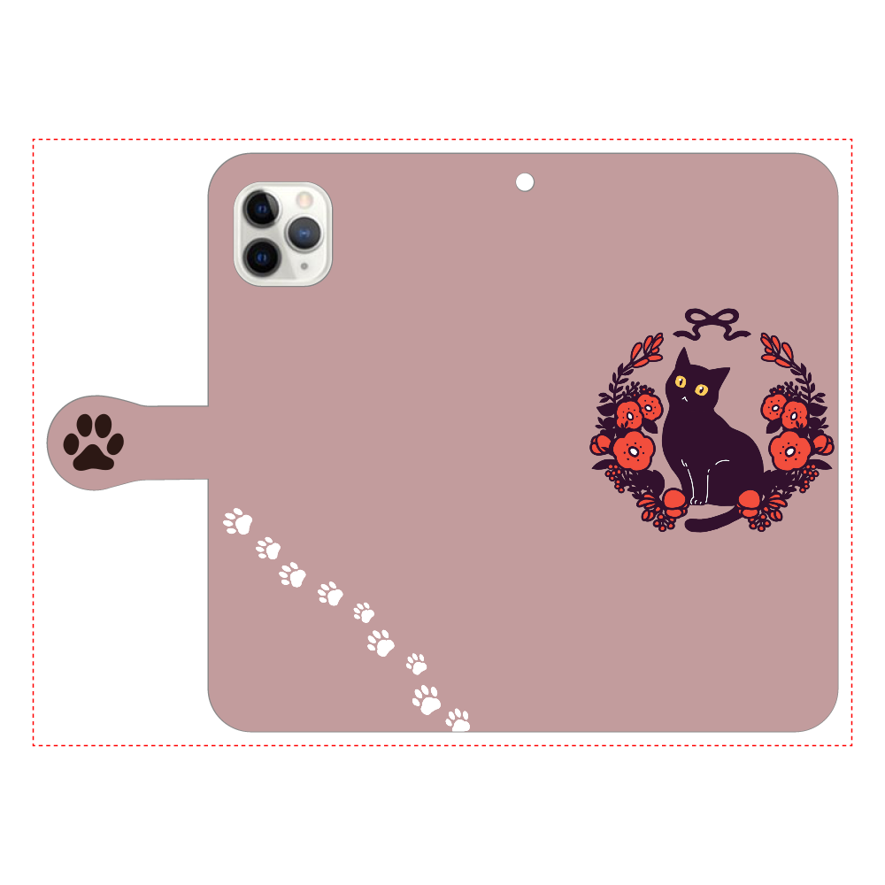 赤いお花と黒猫 iPhone11 Pro MAX 手帳型スマホケース