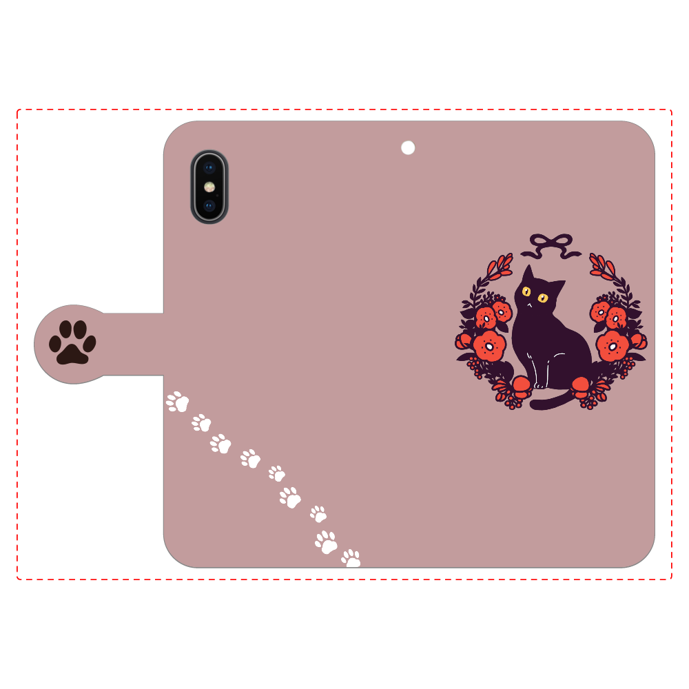 赤いお花と黒猫 iPhoneX/Xs 手帳型スマホケース