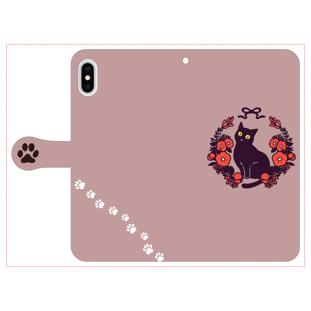 赤いお花と黒猫 iPhone Xs MAX 手帳型スマホケース
