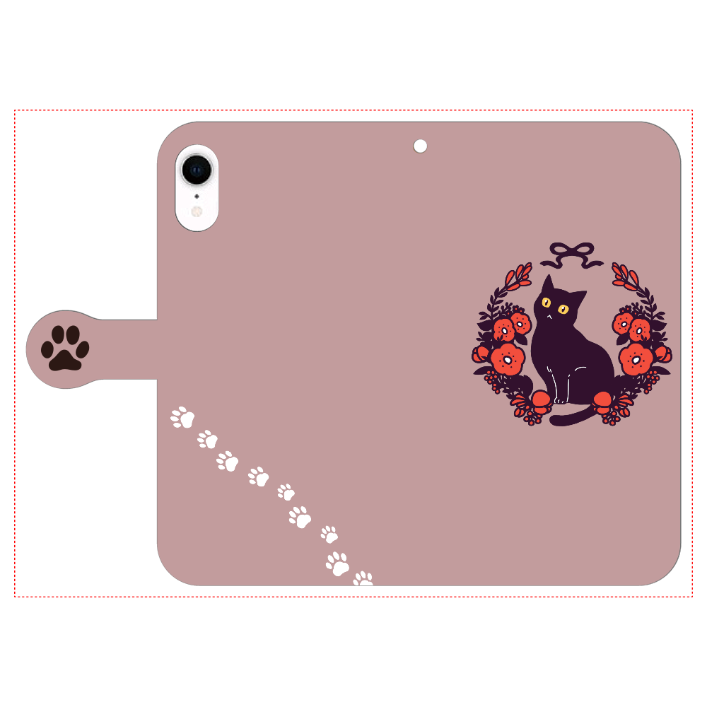 赤いお花と黒猫 iPhone XR 手帳型スマホケース