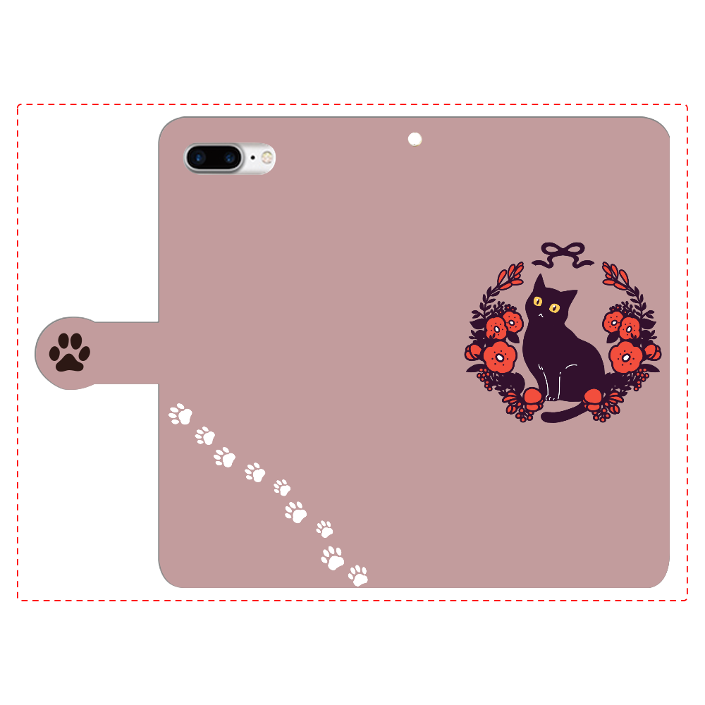 赤いお花と黒猫 iPhone8Plus 手帳型スマホケース