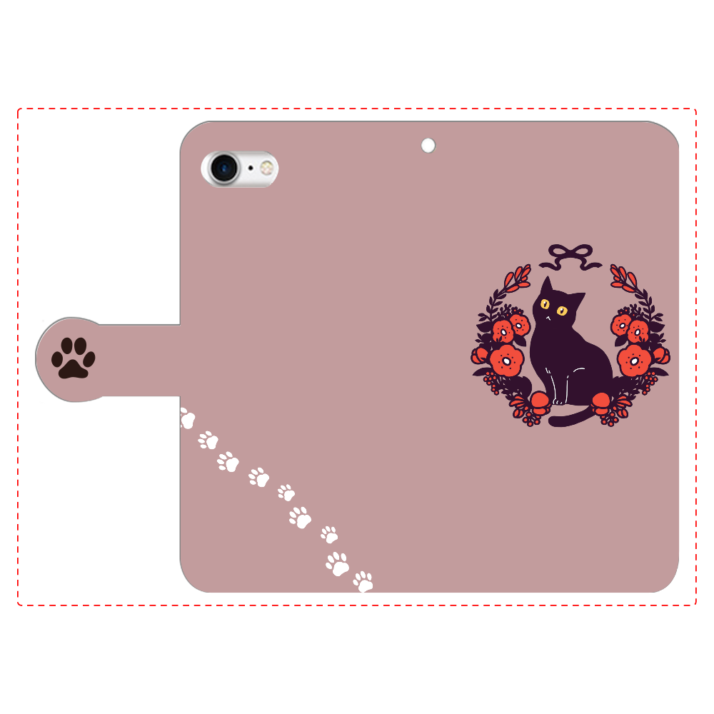 赤いお花と黒猫 iPhone7 手帳型スマホケース