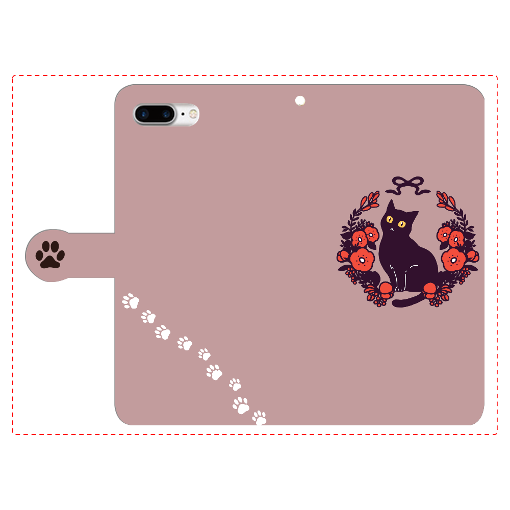 赤いお花と黒猫 iPhone7plus 手帳型スマホケース