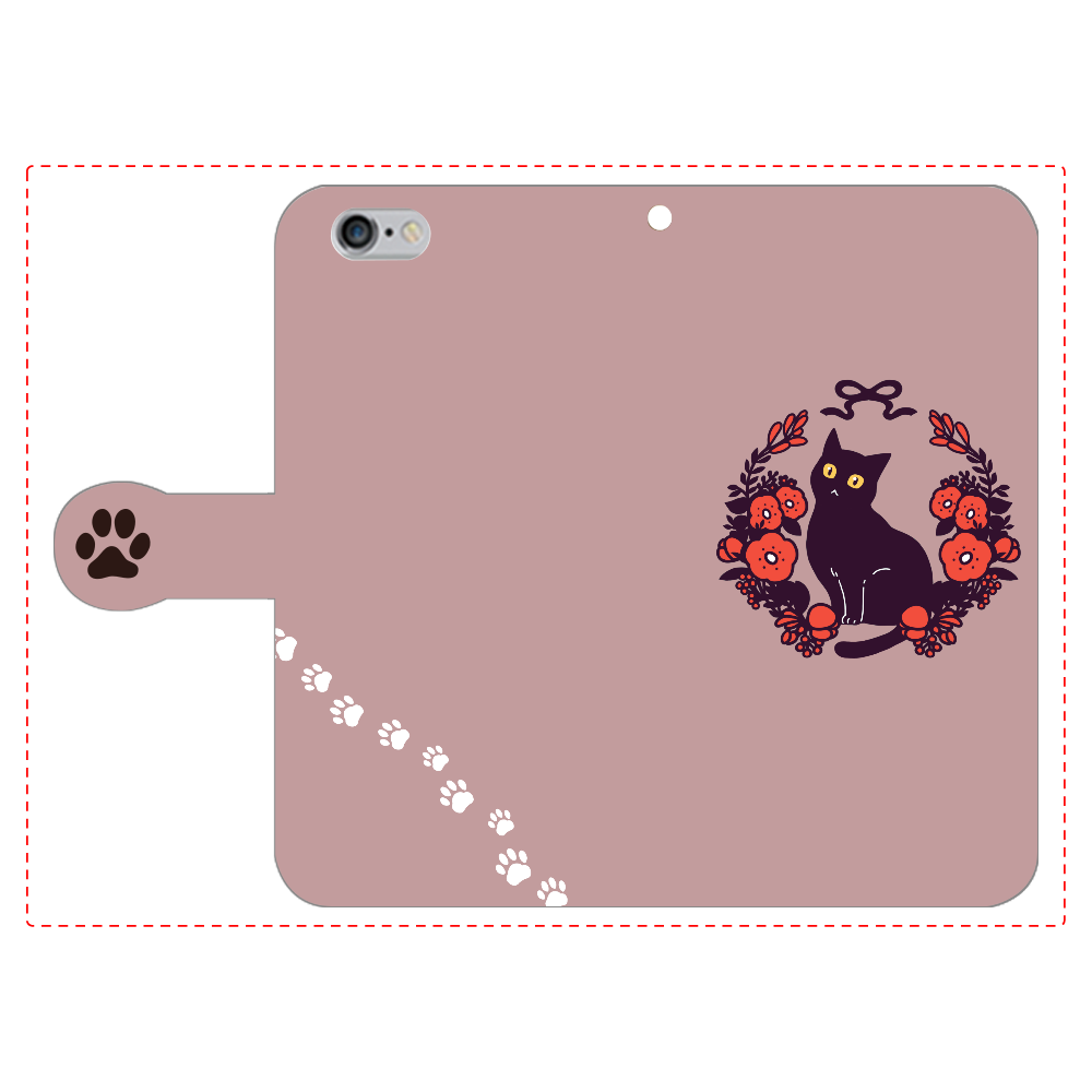 赤いお花と黒猫 iPhone6/6s 手帳型スマホケース