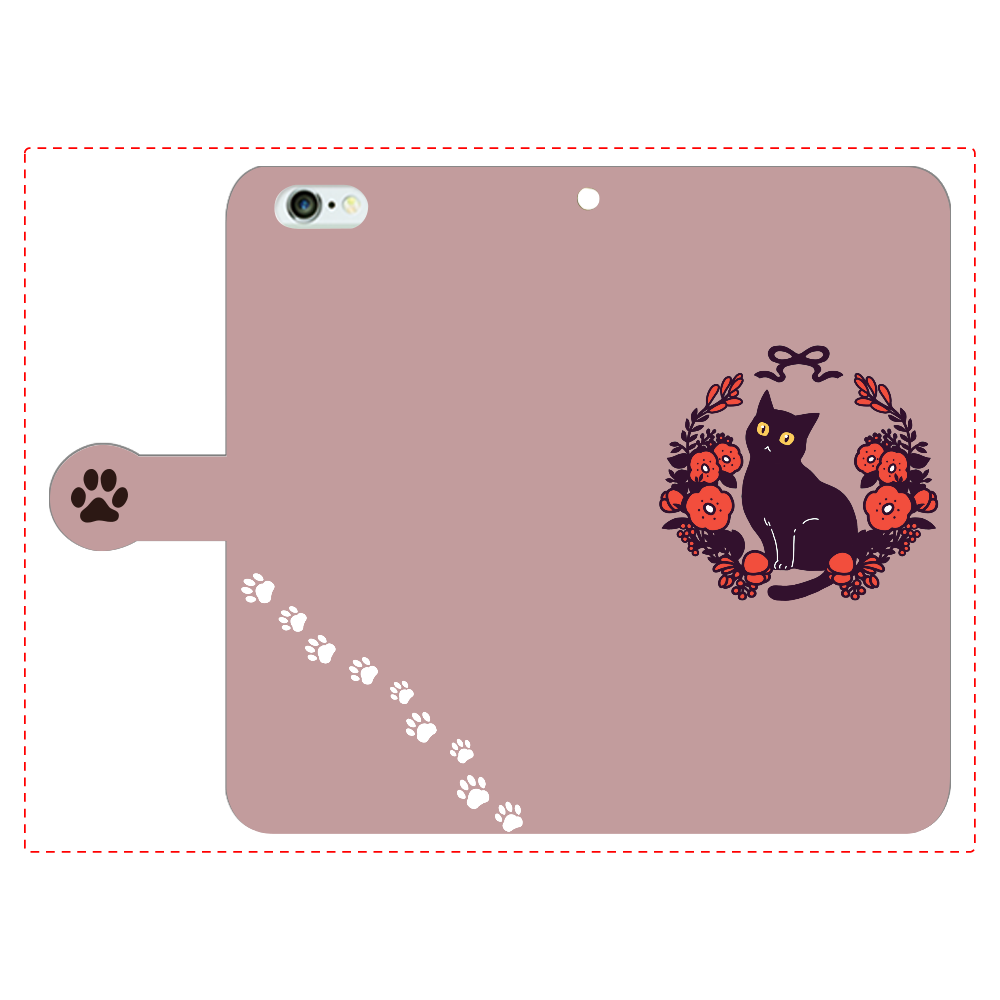 赤いお花と黒猫 iPhone6Plus/6sPlus 手帳型スマホケース