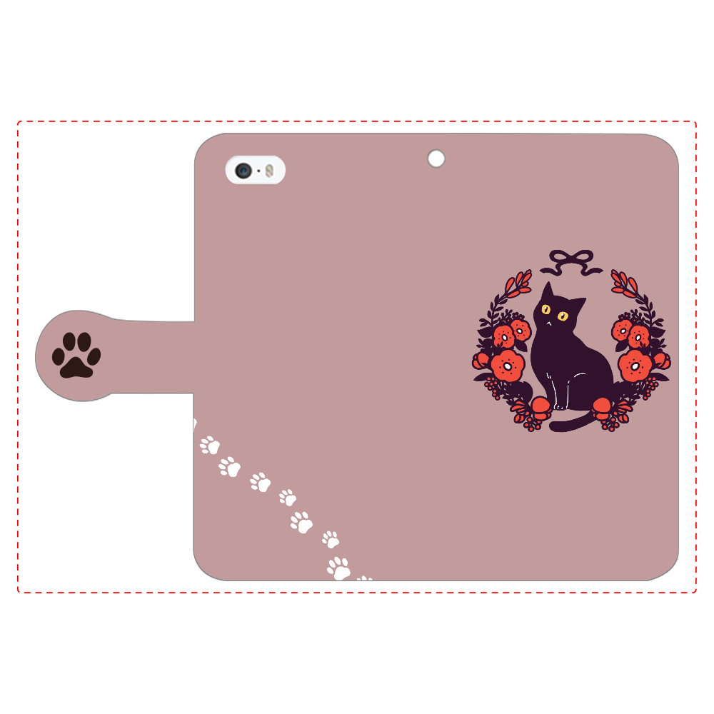 赤いお花と黒猫 iPhone5/5s 手帳型スマホケース