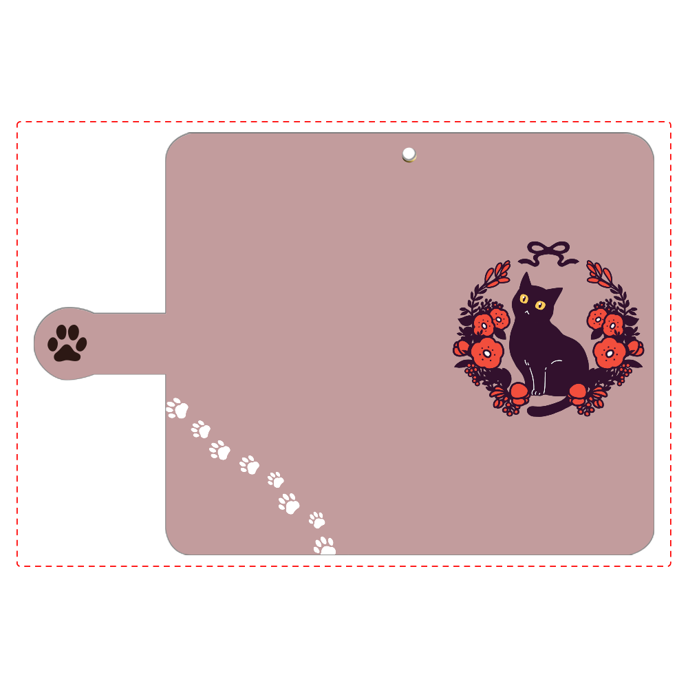 赤いお花と黒猫 手帳型ベルト付きアンドロイドM
