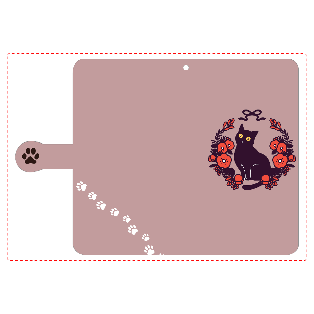 赤いお花と黒猫 手帳型ベルト付きアンドロイドL