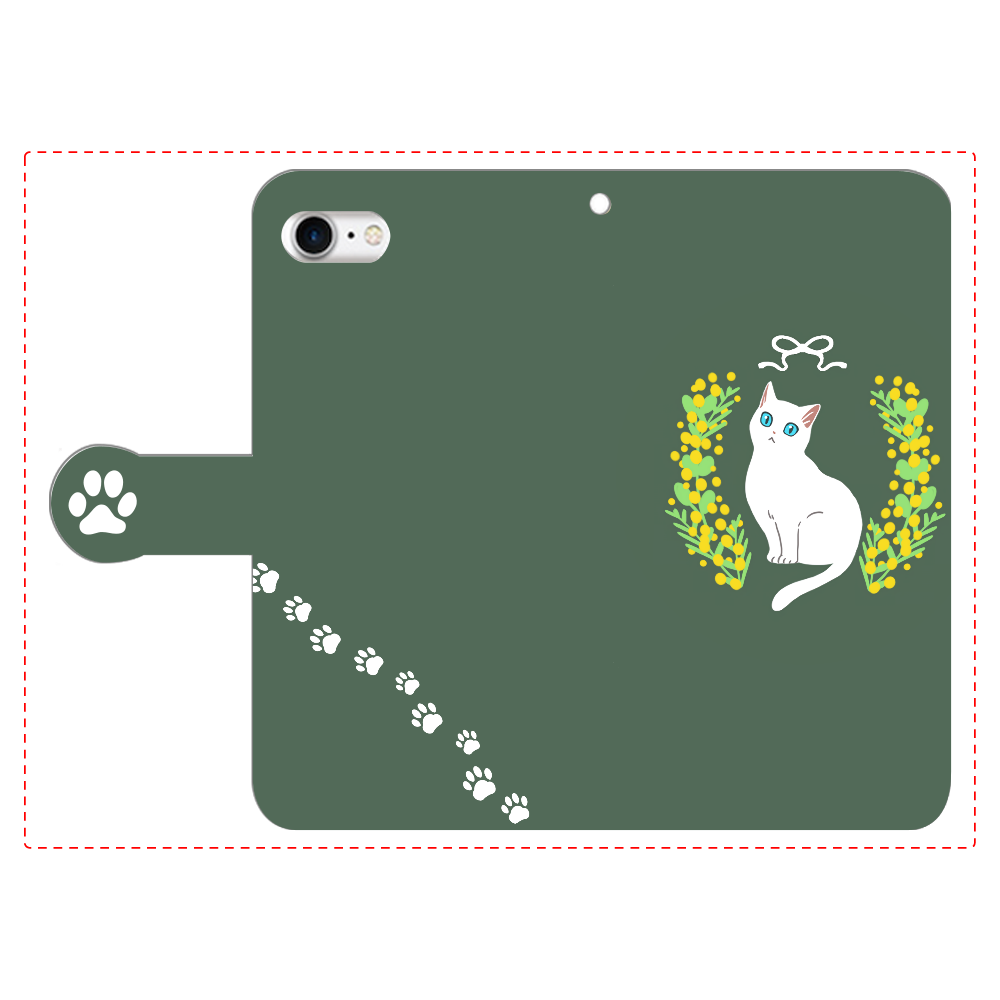 ミモザと白猫 iPhoneSE2/SE3 手帳型スマホケース　