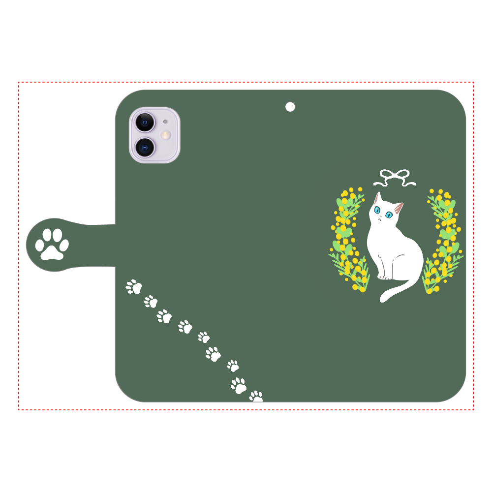 ミモザと白猫 iPhone11 手帳型スマホケース