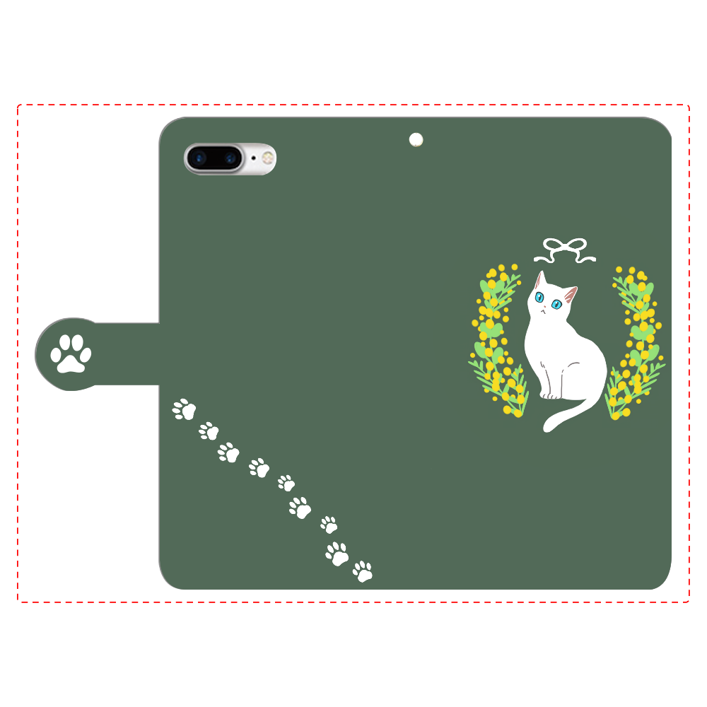 ミモザと白猫 iPhone8Plus 手帳型スマホケース