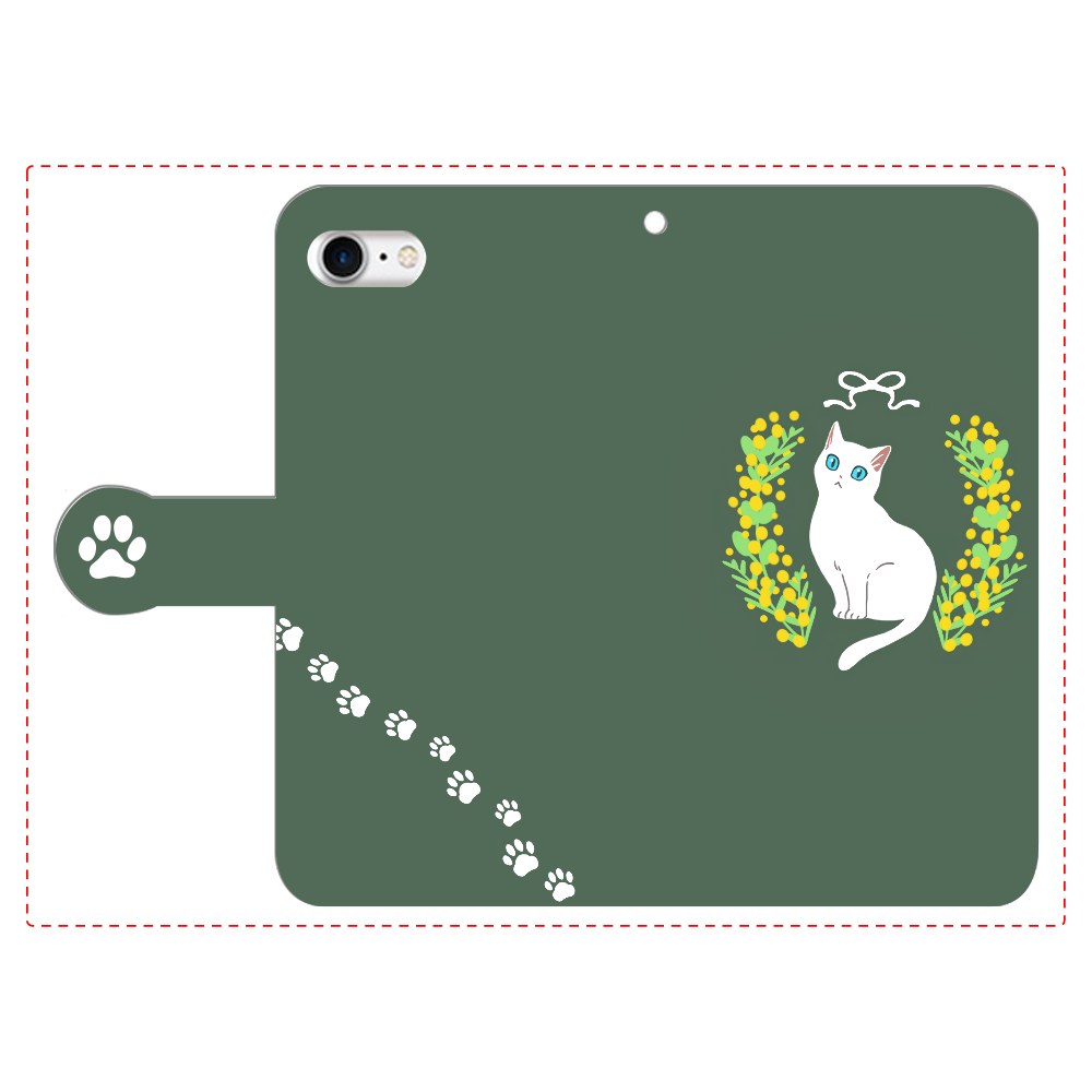 ミモザと白猫 iPhone7 手帳型スマホケース