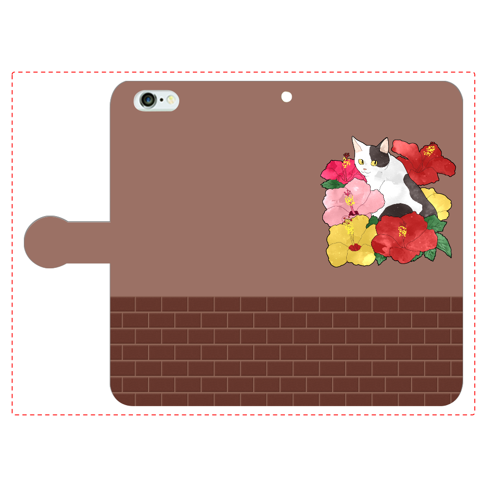 ハイビスカスとブチ猫 iPhone6Plus/6sPlus 手帳型スマホケース