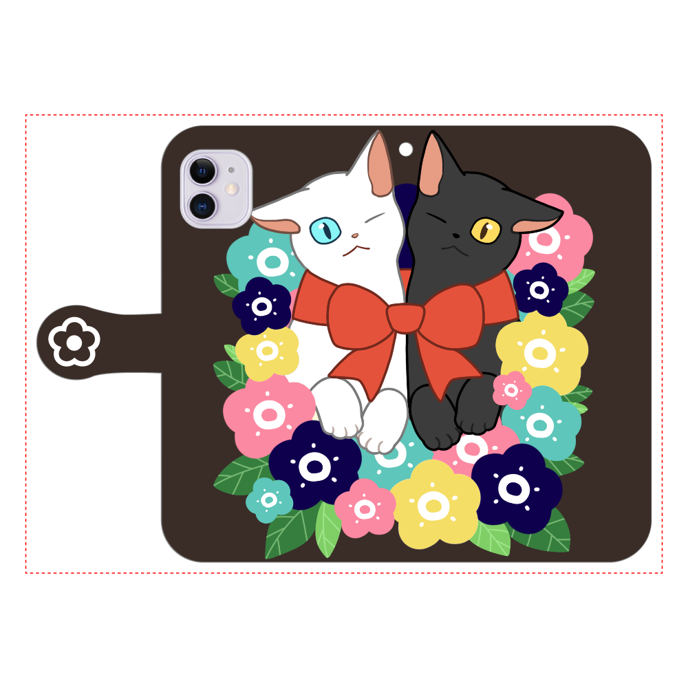 花束と猫たち iPhone11 手帳型スマホケース