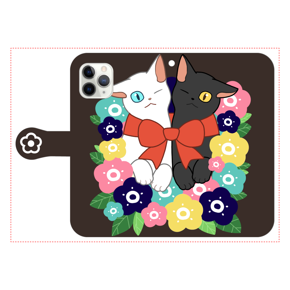 花束と猫たち iPhone11 Pro 手帳型スマホケース