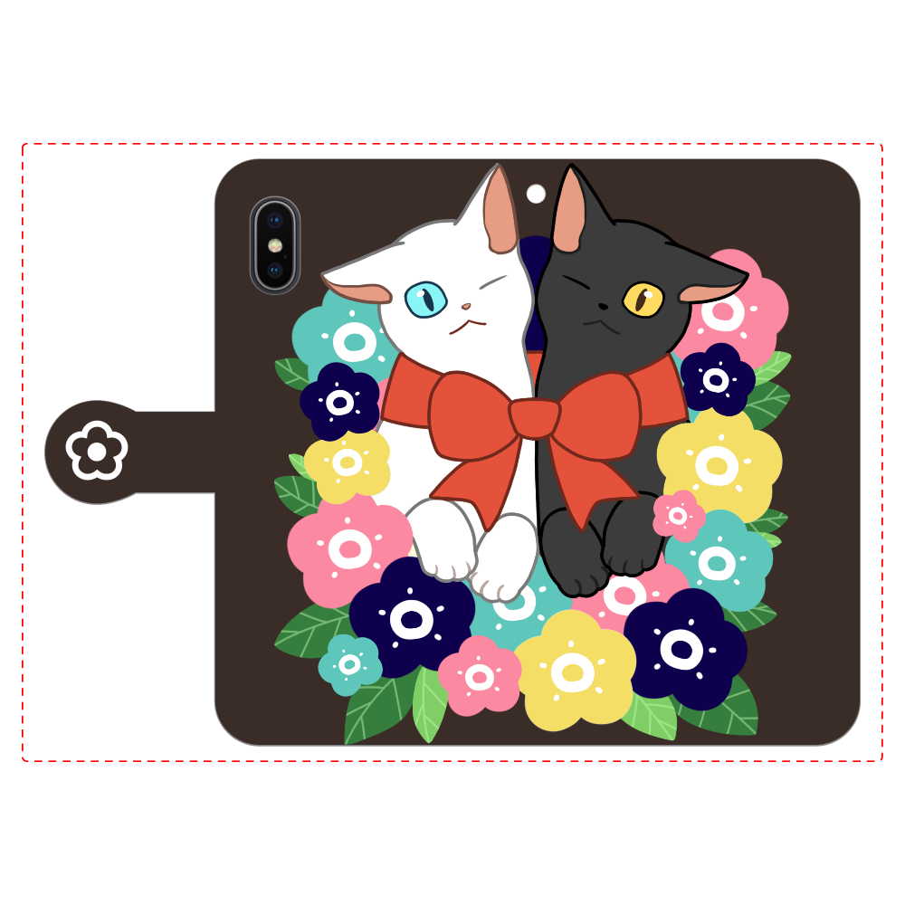 花束と猫たち iPhoneX/Xs 手帳型スマホケース