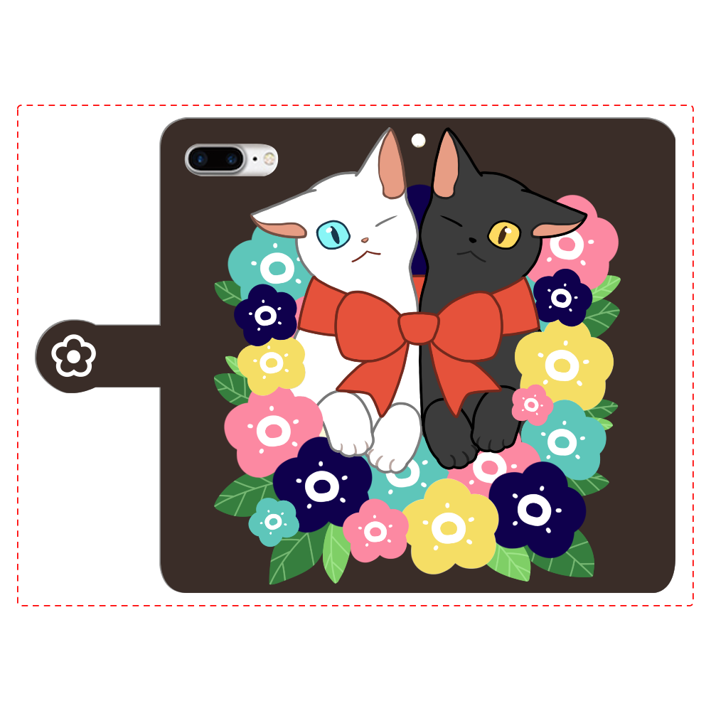 花束と猫たち iPhone8Plus 手帳型スマホケース