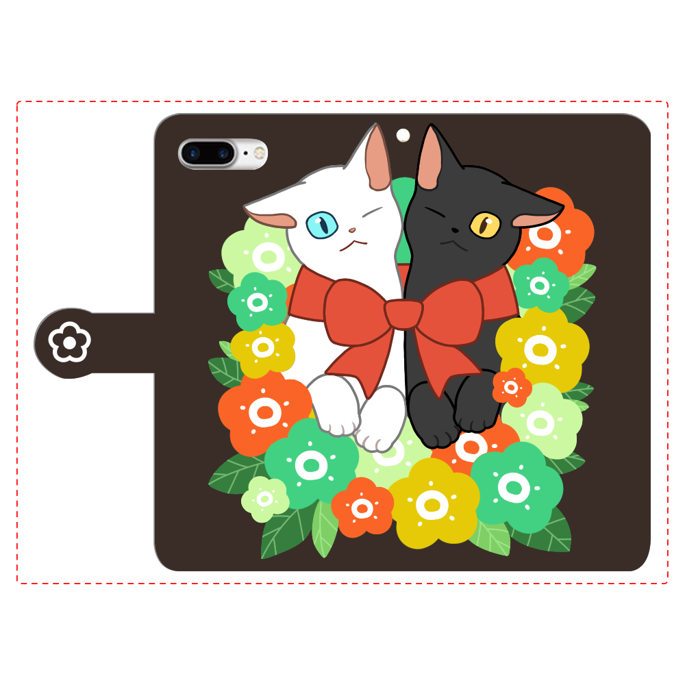花束と猫たち iPhone8Plus 手帳型スマホケース