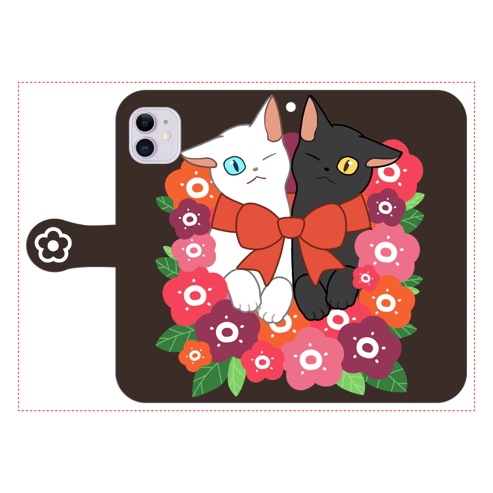 花束と猫たち iPhone11 手帳型スマホケース