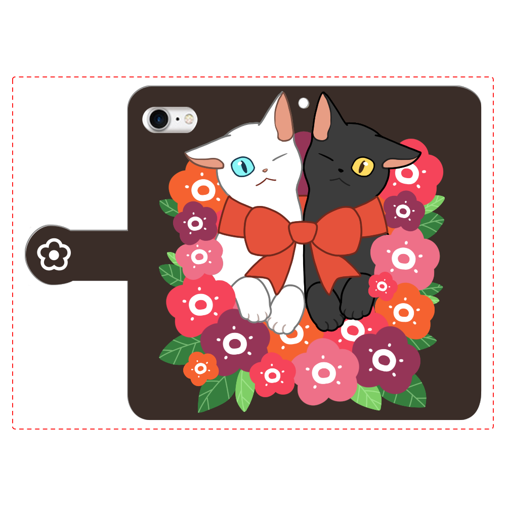 花束と猫たち iPhone7 手帳型スマホケース
