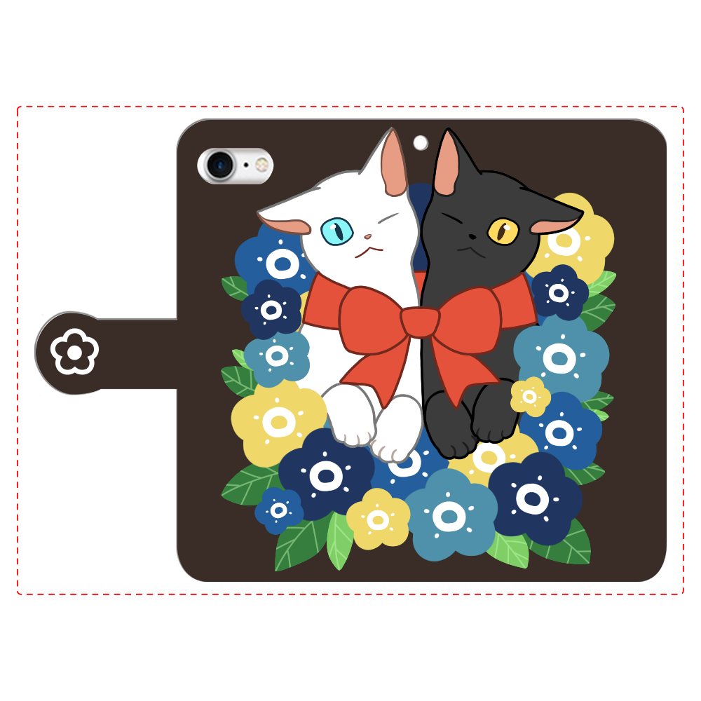 花束と猫たち iPhone8 手帳型スマホケース