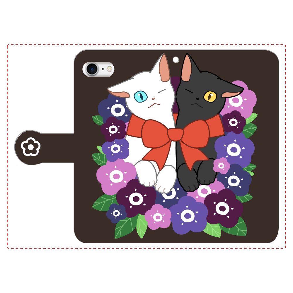 花束と猫たち iPhone8 手帳型スマホケース