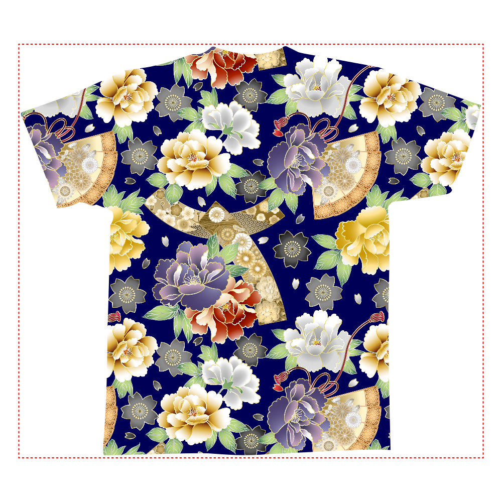 おもしろTシャツ 和柄 牡丹と桜と扇子 全面プリント メンズ レディース全面インクジェットTシャツ(M)2