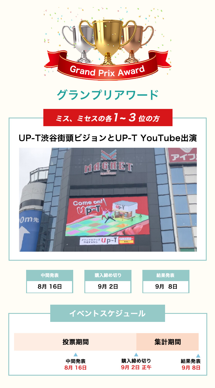 image-グランプリアワードミス、ミセスの各1~ 3 位の方UP-T渋谷街頭ビジョンとUP-T YouTube出演　