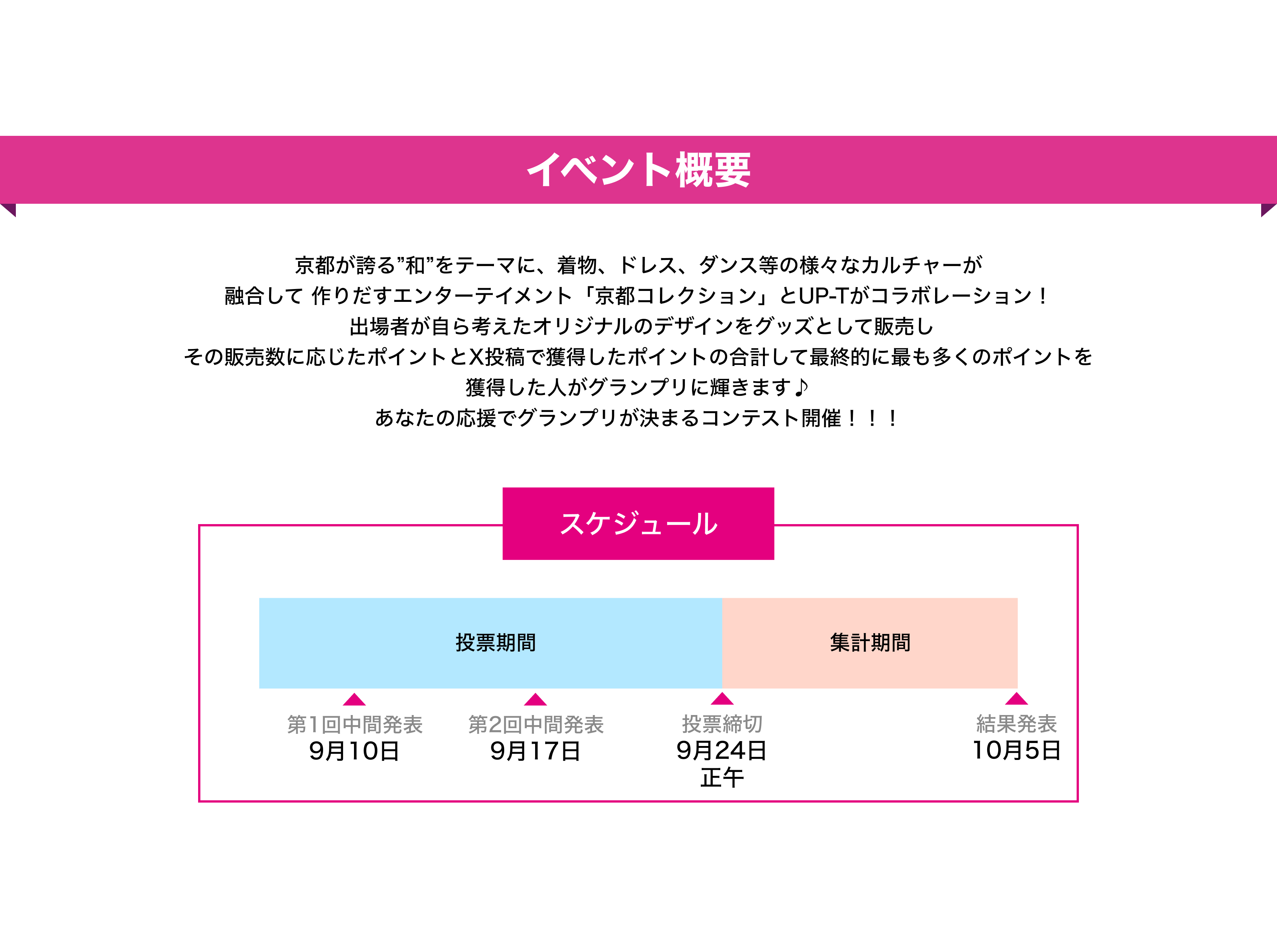 image-京都が誇る”和”をテーマに、着物、ドレス、ダンス等の様々なカルチャーが 融合して 作りだすエンターテイメント「京都コレクション」とUP-Tがコラボレーション！  出場者が自ら考えたオリジナルのデザインをグッズとして販売し その販売数に応じたポイントとX投稿で獲得したポイントの合計して最終的に最も多くのポイントを 獲得した人がグランプリに輝きます♪  あなたの応援でグランプリが決まるコンテスト開催！！！