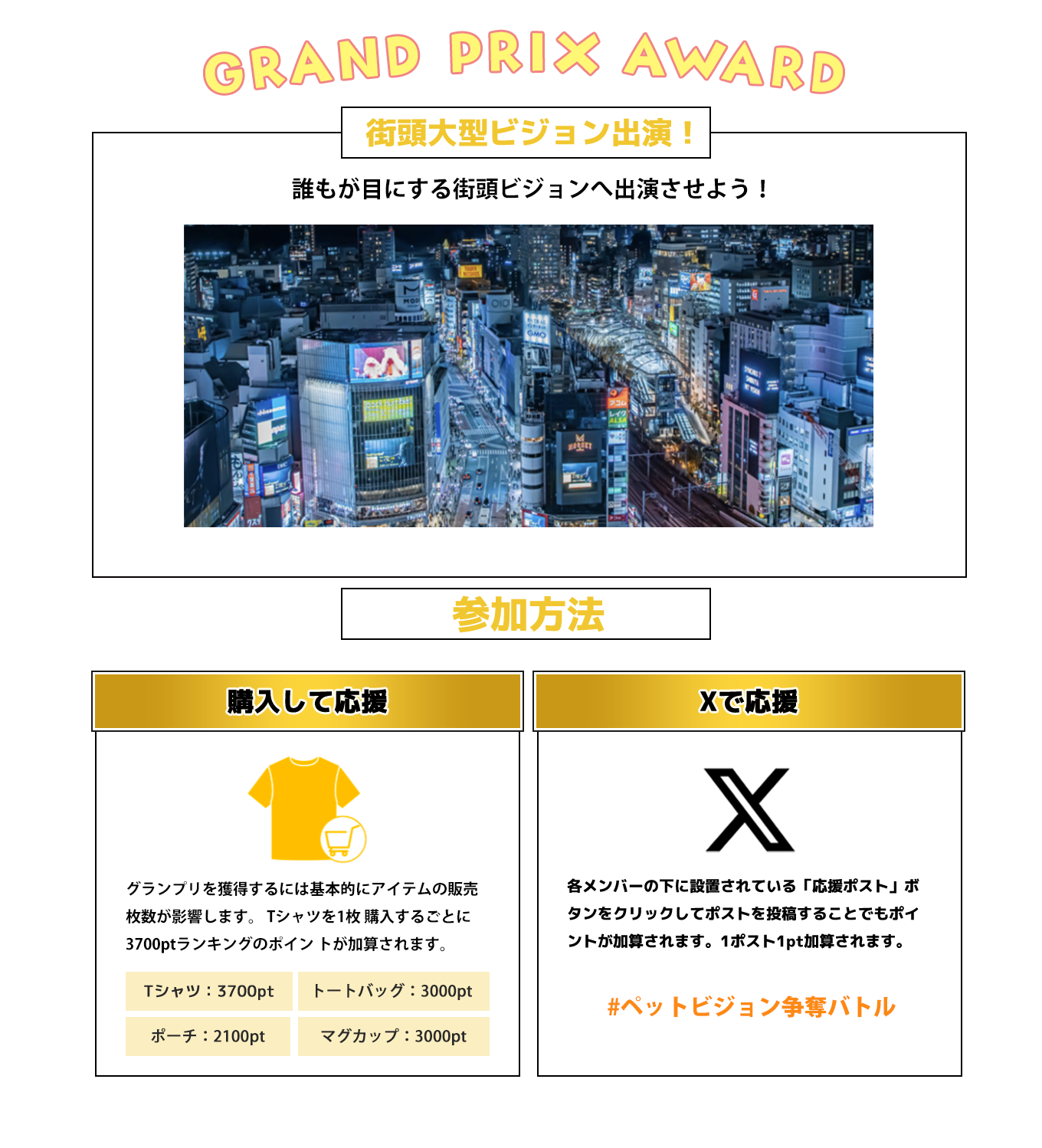 image-GRAND PRIX AWARD 誰もが目にする街頭ビジョンへ出演させよう！参加方法グランプリを獲得するには基本的にアイテムの販売枚数が影響します。 Tシャツを1枚 購入するごとに3700ptランキングのポイン トが加算されます。